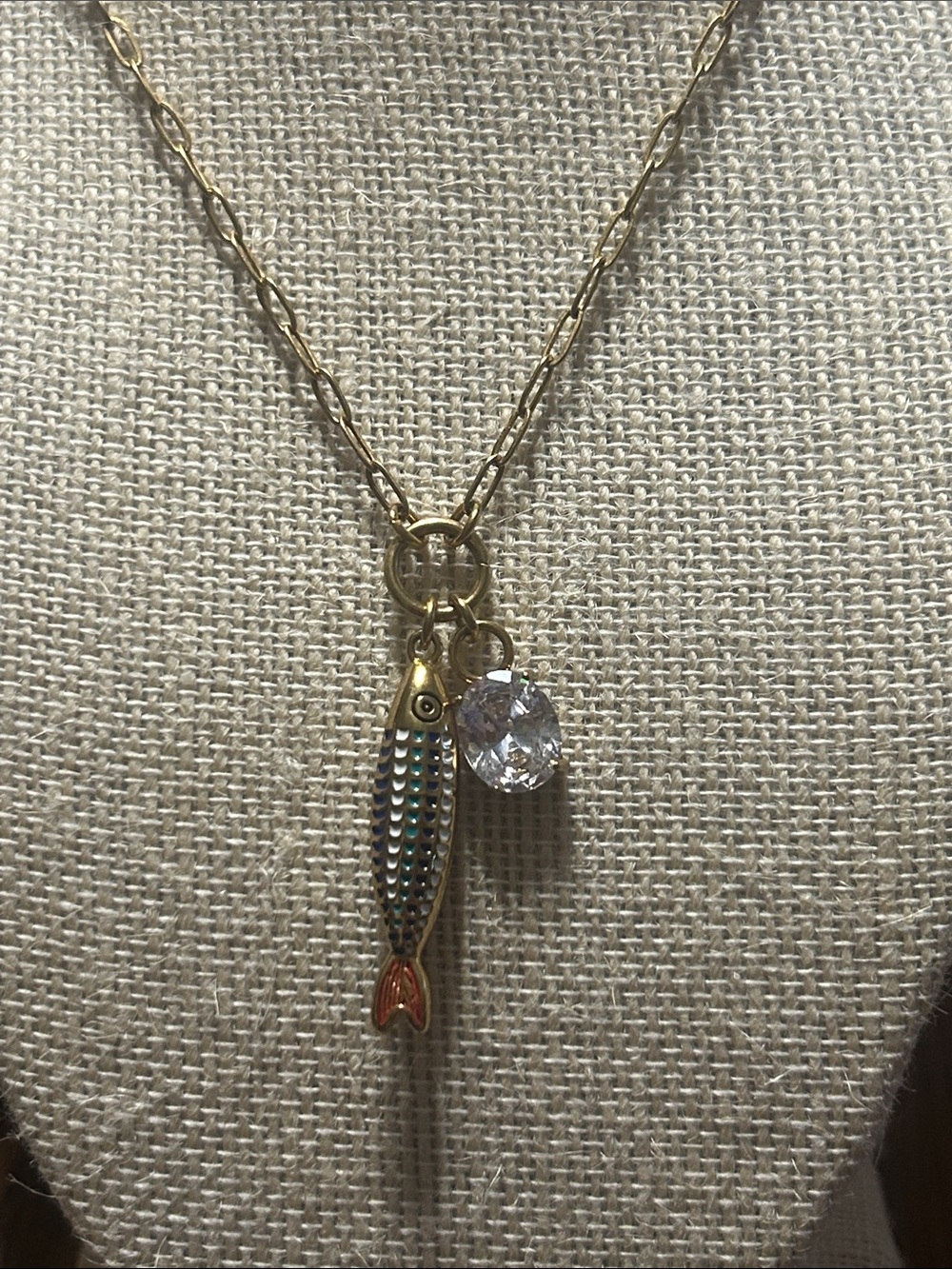 Multi Color Fish Charm Paper Clip Necklace w Crystal Pendant MAYAMAR New in Bag - Picture 2 of 5